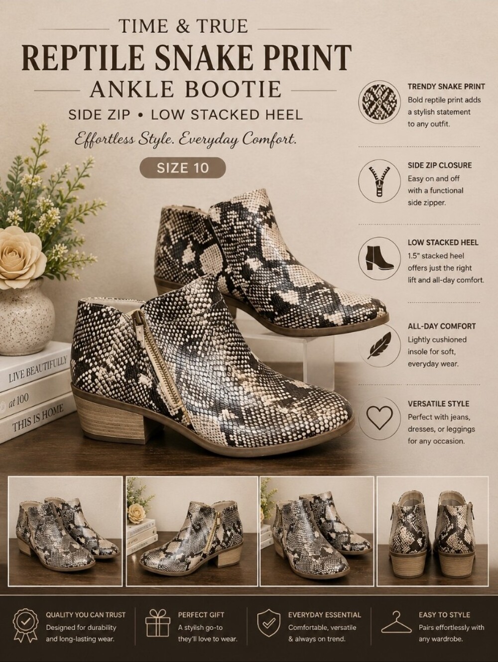 TIME & TRUE Reptile Snake Print Akle Bootie Side Zip 10